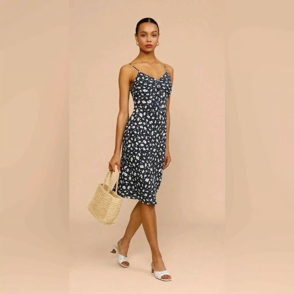Rouje Navy Floral Slip Midi Dress with White Blooms - Picture 2 of 14